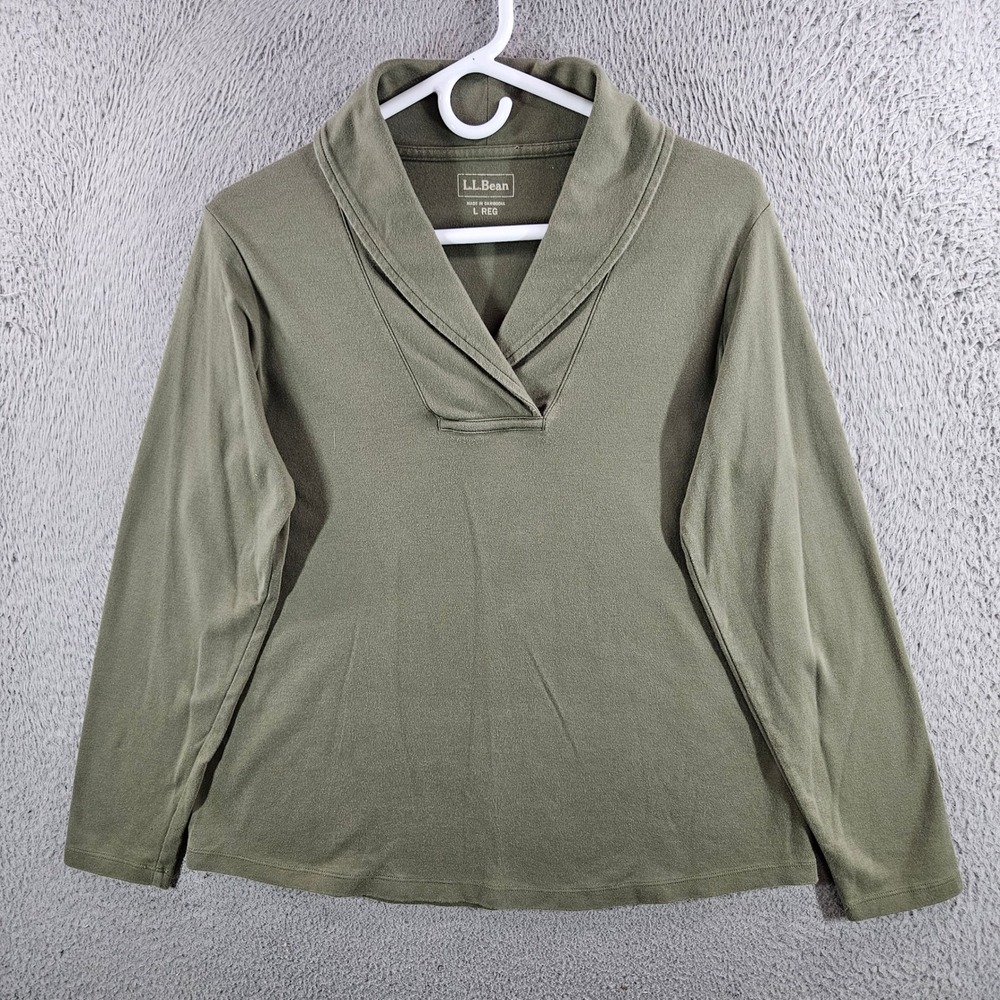 LL Bean Womens Olive Green Cotton Shawl Collar Long Sleeve Top Large Reg